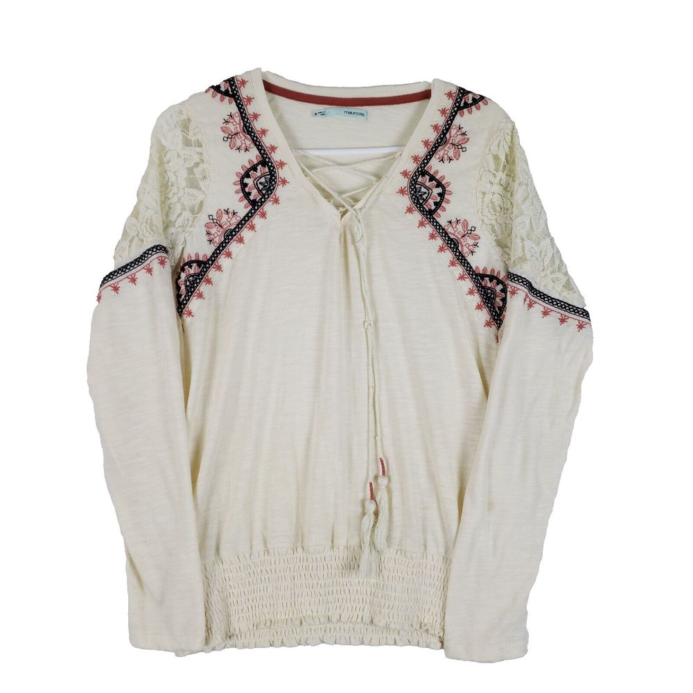 Maurices Top Womens Medium Ivory Bohemian Lace Embroidery Cinched Waist